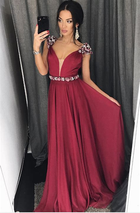 Chiffon Prom Dresses Illusion V Neck Long Prom Dress With Beaded