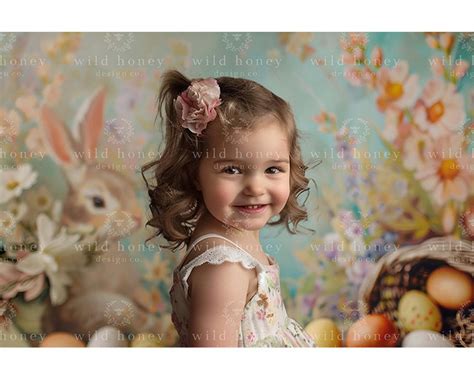 Spring Painted Digital Backdrop Easter Flowers Bunnies Easter Eggs