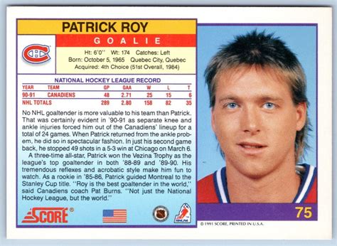 PATRICK ROY 1991 92 SCORE AMERICAN 91 92 NO 75 45646 EBay