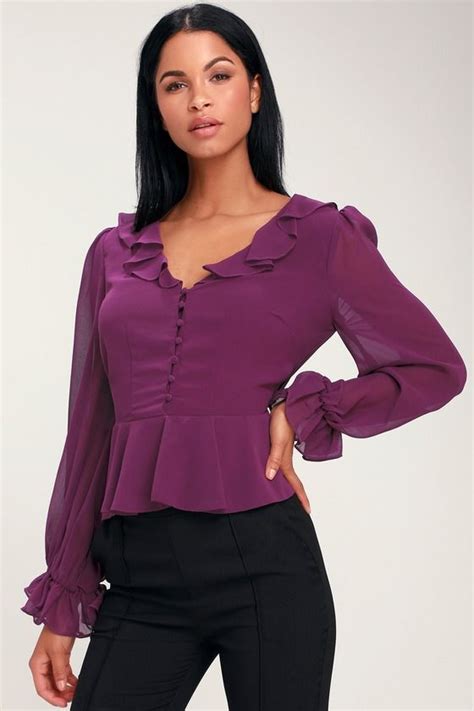 Coralee Plum Purple Button Up Long Sleeve Peplum Top Long Sleeve