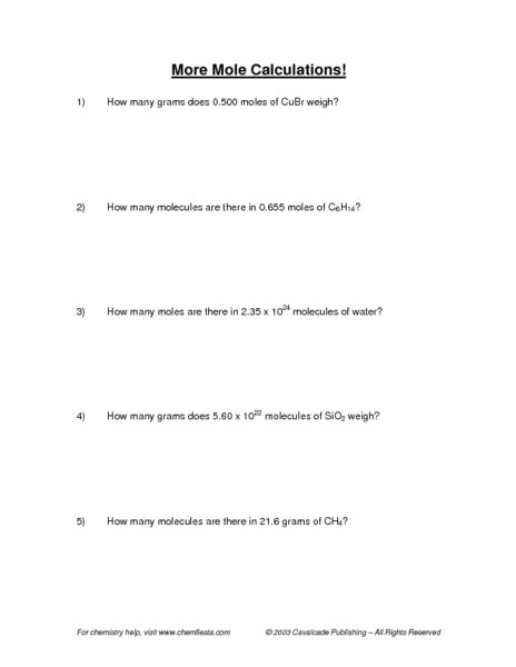 More Moles Calculations Worksheet For 9th 12th Grade Lesson Planet