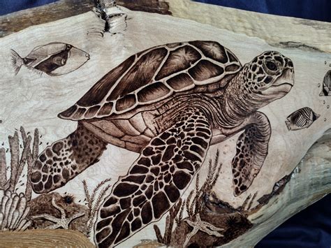 Hand Burned Sea Turtle Wood Burning On Maple Wood Live Edges