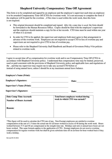 Compensatory Time Off Agreement Template Printable Pdf Download