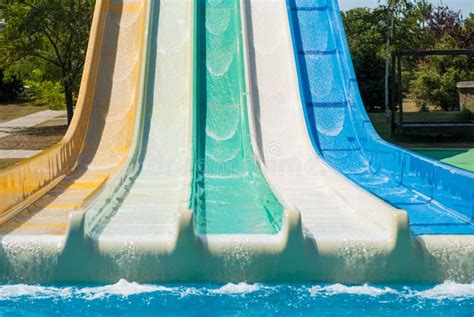 Multicolored Water Slides in Amusement Aqua Park Outdoors Sunny Summer ...