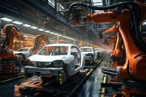 Automation industry concept. Automotive assembly line in factory. 3D