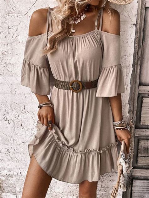 Shein Lune Cold Shoulder Flounce Sleeve Ruffle Hem Dress Without Belt