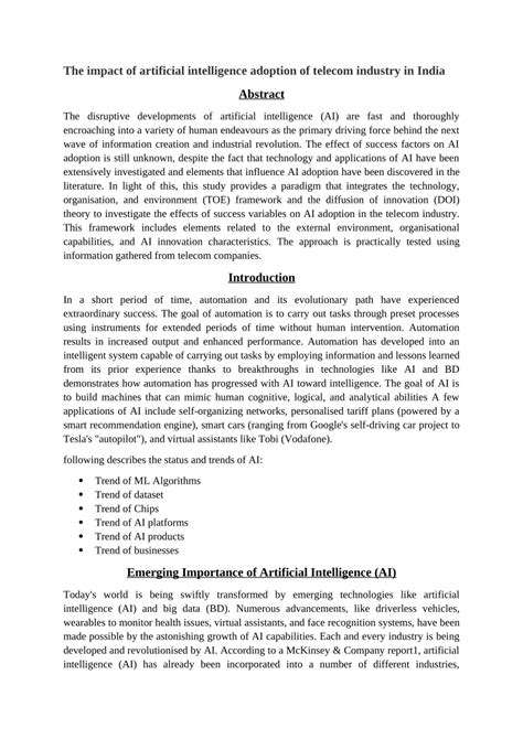 Pdf The Impact Of Artificial Intelligence Adoption Of Telecom