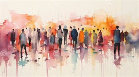 Watercolor Illustration: Panorama of a City Street with People Walking ...