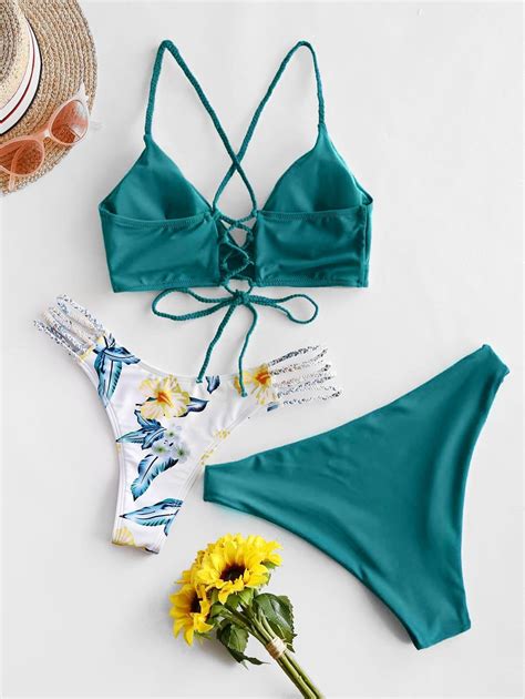 Zaful Flower Braided Lace Up Three Pieces Bikini Swimsuit Blue Koi