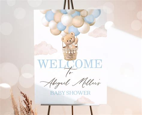 Editable Teddy Bear Hot Air Balloon Theme Baby Shower Welcome Sign We