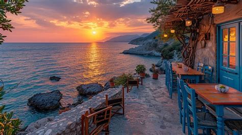 Taverna Griega Tradicional En La Isla De Creta Con Vistas Al Mar Al