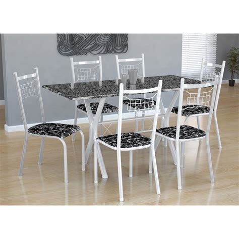 Conjunto De Mesa Miami 6 Cadeiras Lisboa Branco Liso E Preto Floral