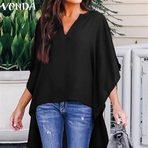 Vonda Fashion Women Blouses Sexy V Neck Asymmetrical Hem Batwing Sleeve Long Tops Elegant Female