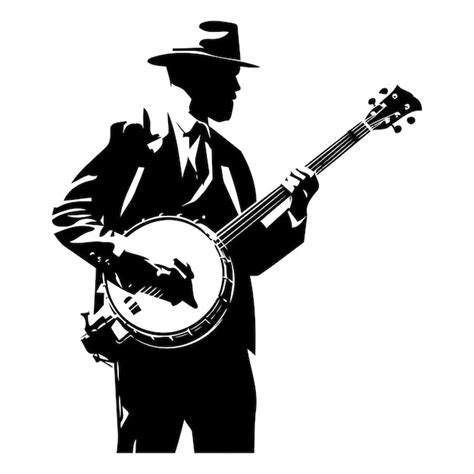 Black And White Silhouette Of A Man Playing A Banjo Premium Ai