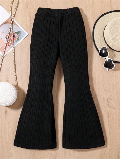 SHEIN Tween Girl Solid Colored Ribbed Knit Bell Bottom Trousers With V