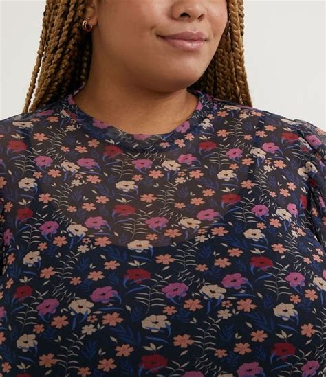 Blusa Em Tule Floral Com Babados Curve And Plus Size Azul