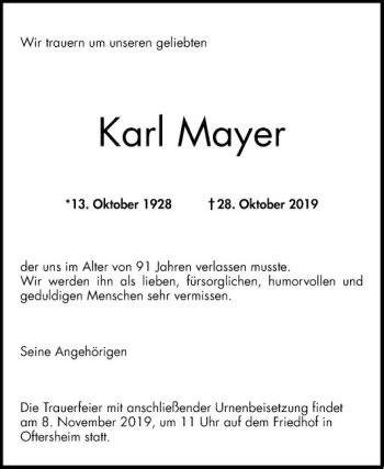 Traueranzeigen Von Karl Mayer Trauerportal Ihrer Tageszeitung