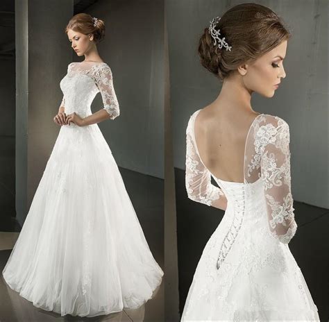 2016 Spring A Line Wedding Dresses Half Sleeve Open Back Corset Bridal