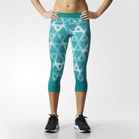 Adidas Womens Green Techfit Printed Capri Running Sports Tights Bottoms