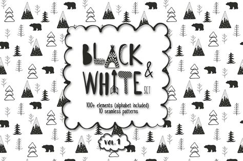 Black and White Set: 100 Minimal Elements & 10 Patterns – MasterBundles