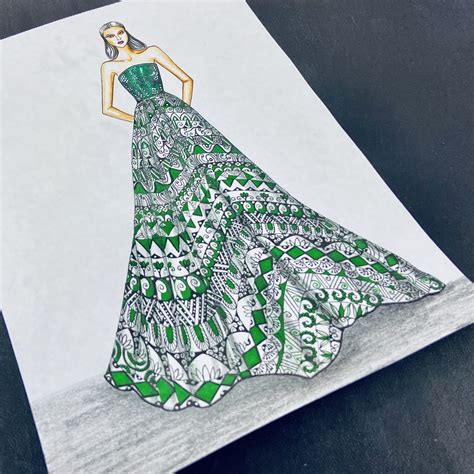 Fashion Illustration With Mandala Art: Green Gown - Bong Diva