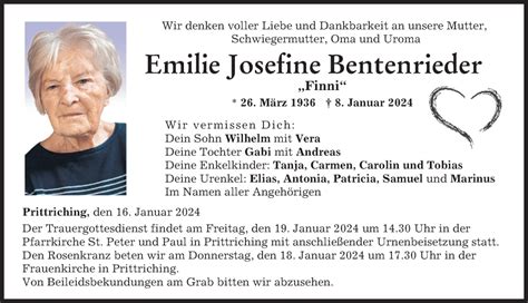 Traueranzeigen Von Emilie Josefine Bentenrieder Augsburger Allgemeine