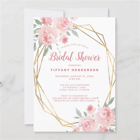 Blush Pink Floral Gold Frame Bridal Shower Invitation Zazzle