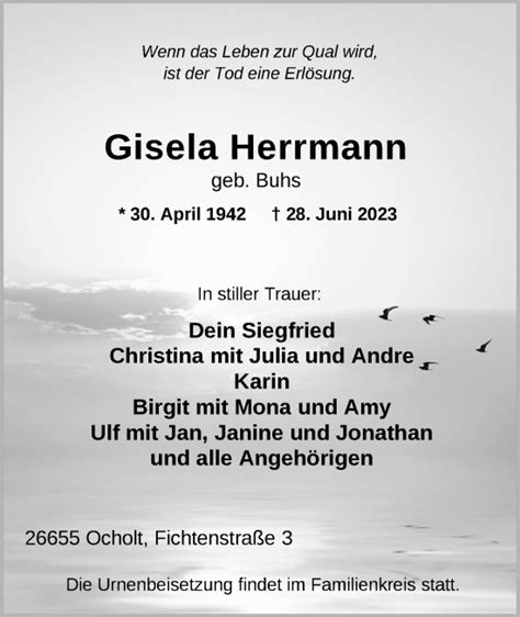 Traueranzeigen Von Gisela Herrmann Nordwest Trauer De