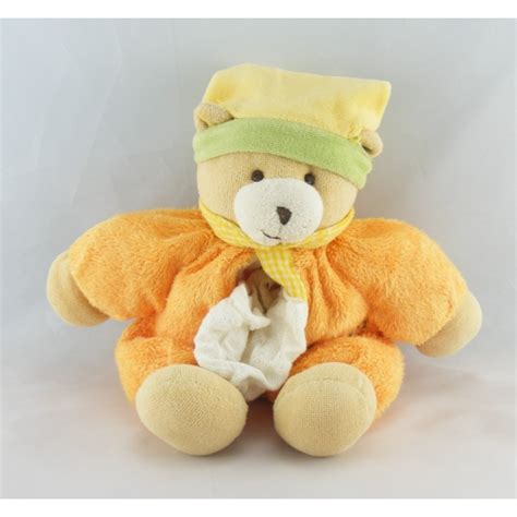 Doudou Ours Orange Bonnet Jaune Mouchoir BABY NAT