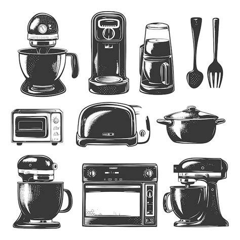 Premium Vector Kitchen Appliances Collection Set With Engraving Style