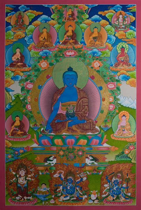 Eight Medicine Buddha - Handmade Thangka From Nepal - Tibet House