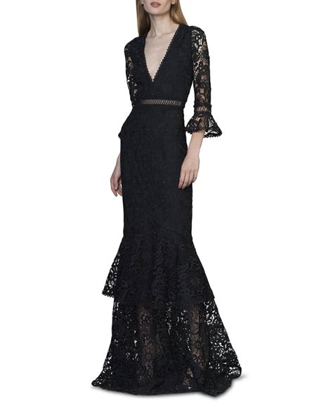 ML Monique Lhuillier 3 4 Sleeve V Neck Gown With Ruffle Tier Neiman