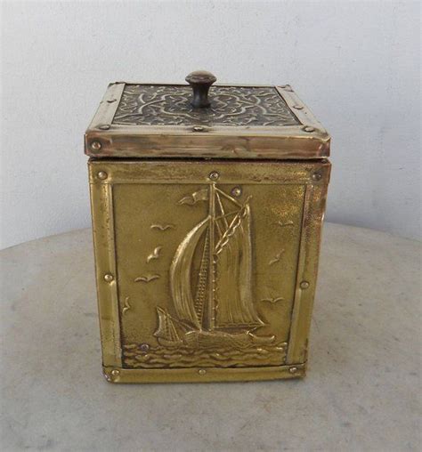 Brass Tea Caddy Art Nouveau Clipper Ship Nautical Maritime Swirl