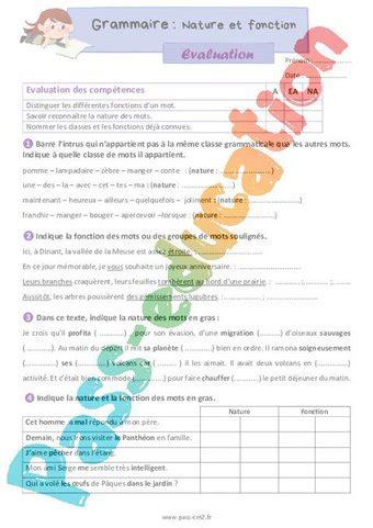 Nature et fonction Évaluation de grammaire pour le cm2 PDF à