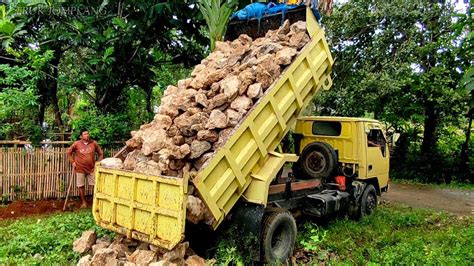 Truk Jomplang Mobil Truk CANTER RAGASA Bongkar Muatan Batu Gunung Full