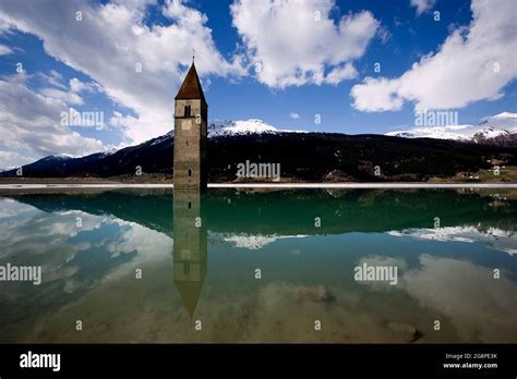 The bell tower in Reschensee, Lago di Resia, Lake Reschen, South Tyrol, Italy, Europe Stock ...