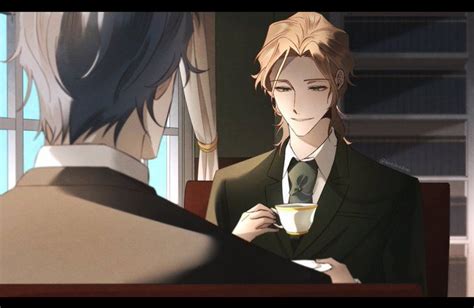 A Man In A Suit Is Holding A Cup And Looking At Another Man With Long Hair