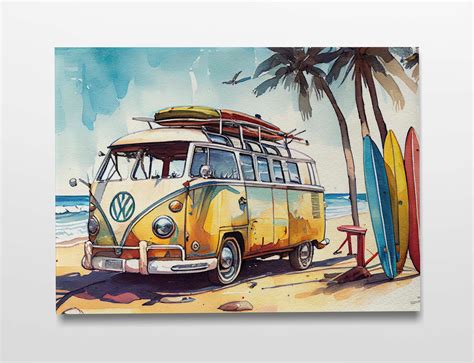 Vintage Landscape Painting Surf Bus Vintage Volkswagen Water Color