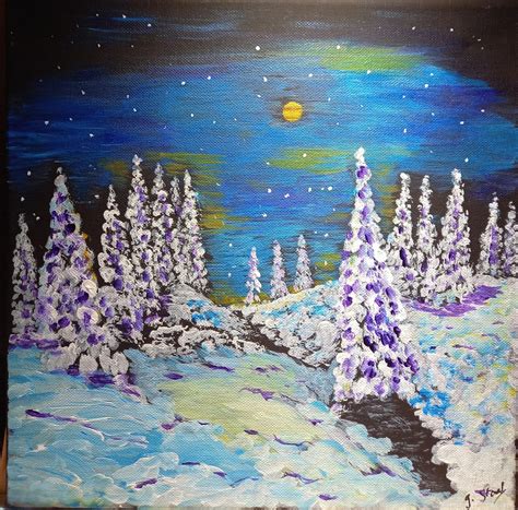 Peinture Paysage Hivernal La Nuit En Montagne