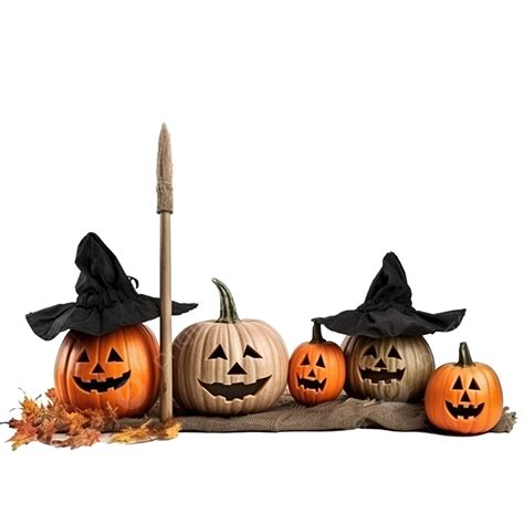 Pumpkins And Brooms Near The Wall With Halloween Decoration Halloween Decorations Pumpkin