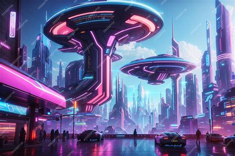 Ficción Panorámica Cyberpunk Futuristic City Con Letreros De Neón Y Luces De Neón Ciudad Con