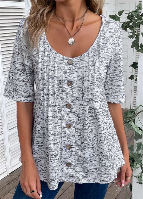 ROTITA Plus Size Button Grey Scoop Neck T Shirt Rotita USD 30 98