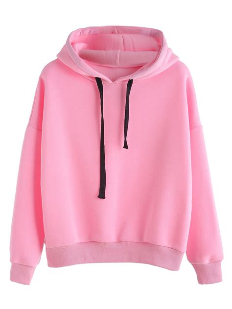 Pink Hooded Sweatshirt With Drawstring In Blackfor Women Romwe