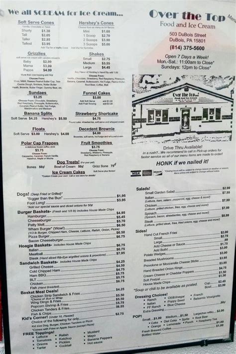 Menu At Over The Top Restaurant Dubois