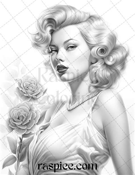 50 Vintage Pin Up Girls Grayscale Coloring Pages Printable For Adults Grayscale Coloring