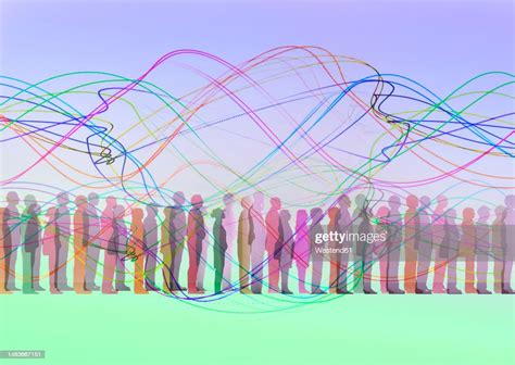 Colorful Lines Floating Against People Waiting In Line High Res Vector