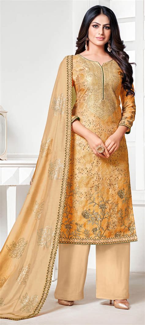 Casual Gold Color Silk Cotton Fabric Salwar Kameez