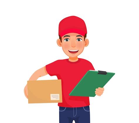 Premium Vector Delivery Man Service With Red Cap Uniform Holding Box