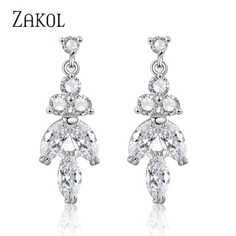 Zakol Elegant Bridal Jewelry Cubic Zirconia Leaf Dangle Earrings For