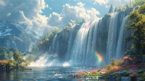 Premium Photo Clear Skies With A Rainbow Over Waterfall Wallpaper